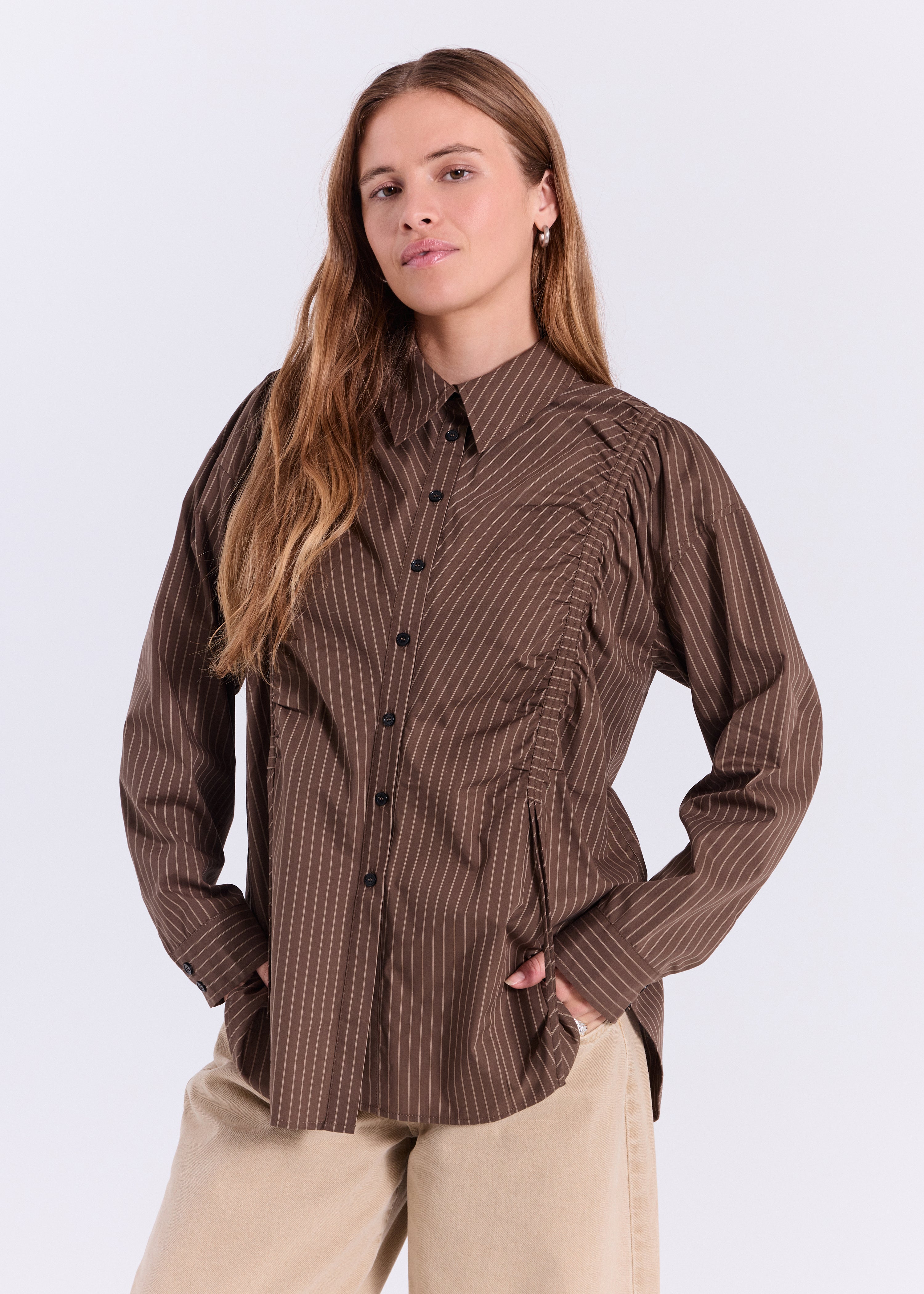 NORR Augusta ruching shirt Skjorter Dark Brown with Stripes