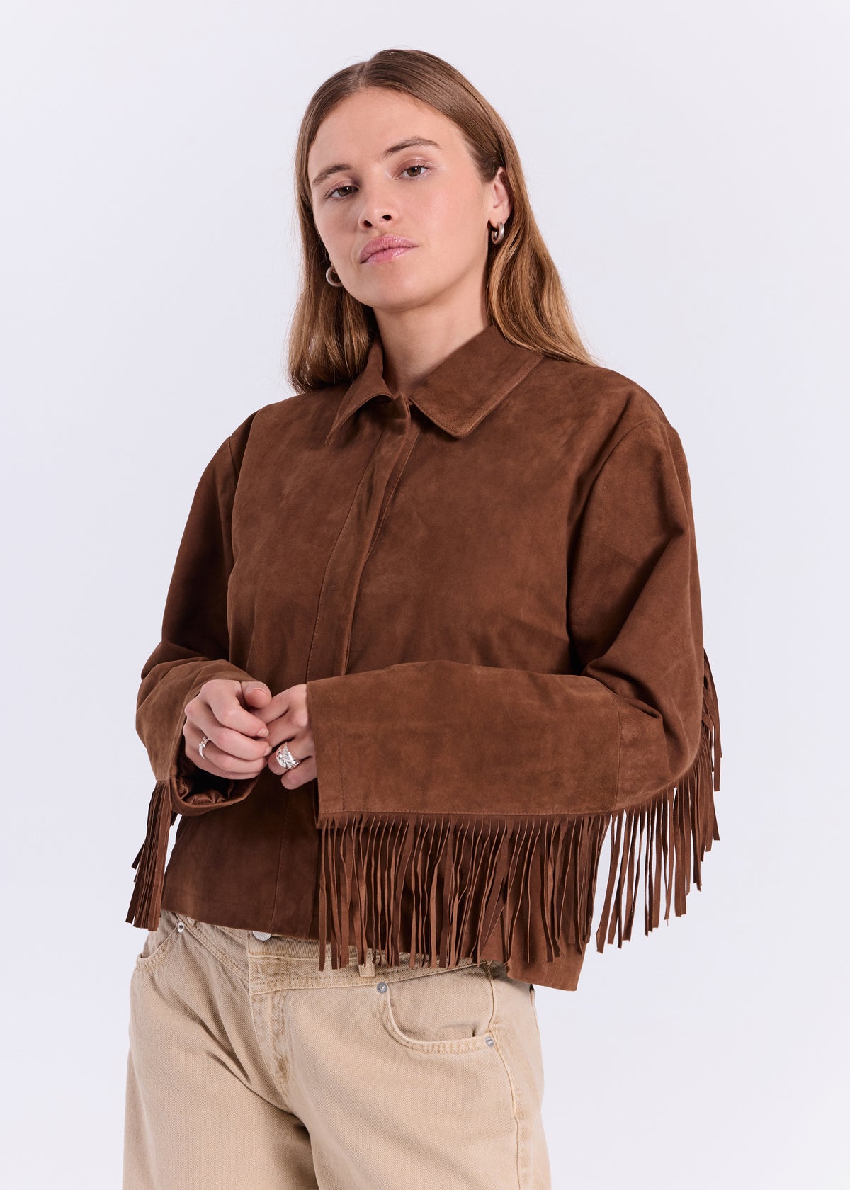 NORR Nathalio fringe suede shirt Skjorter Caramel brown