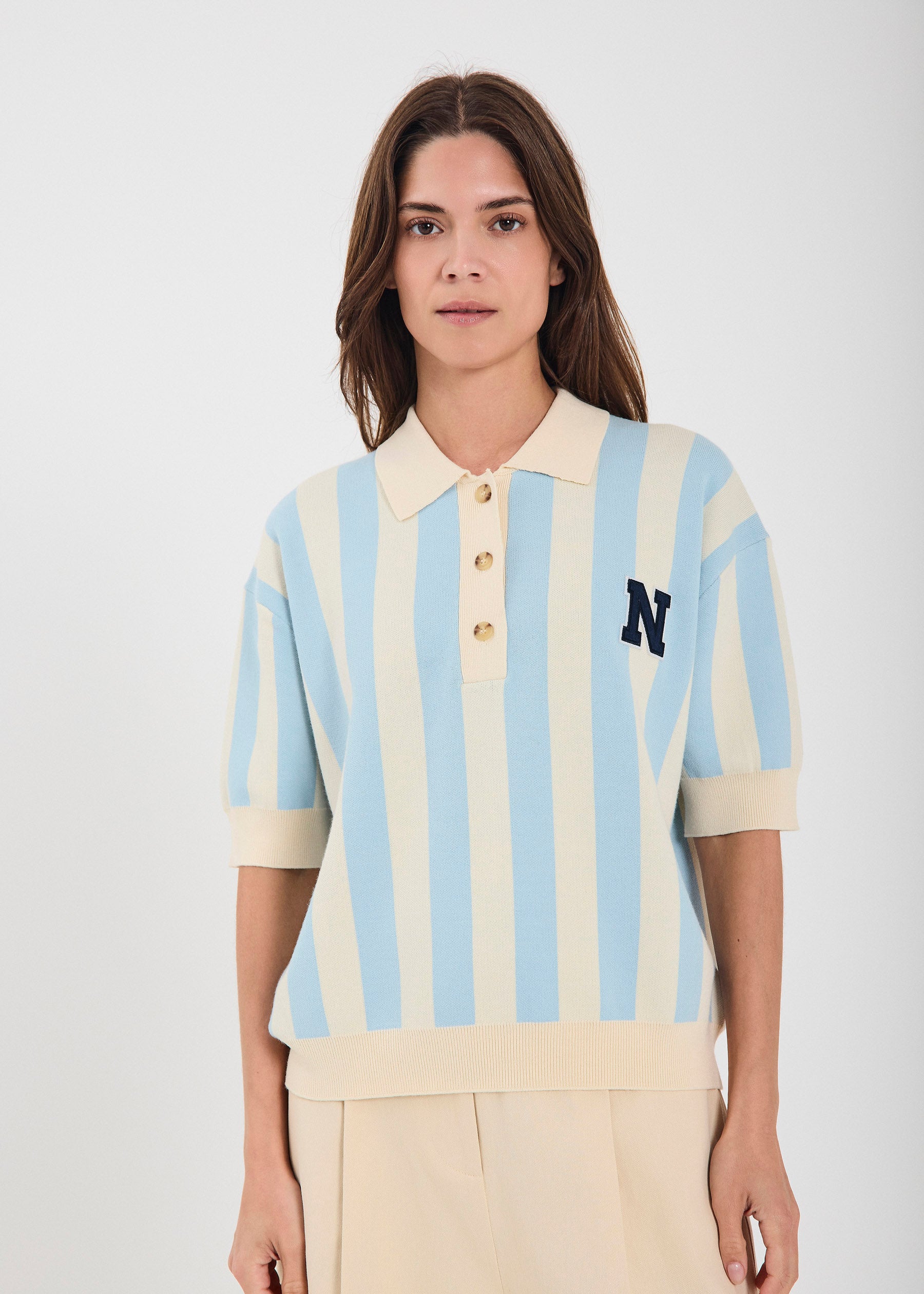 NORR Varsity knit polo Strik Light blue stripe