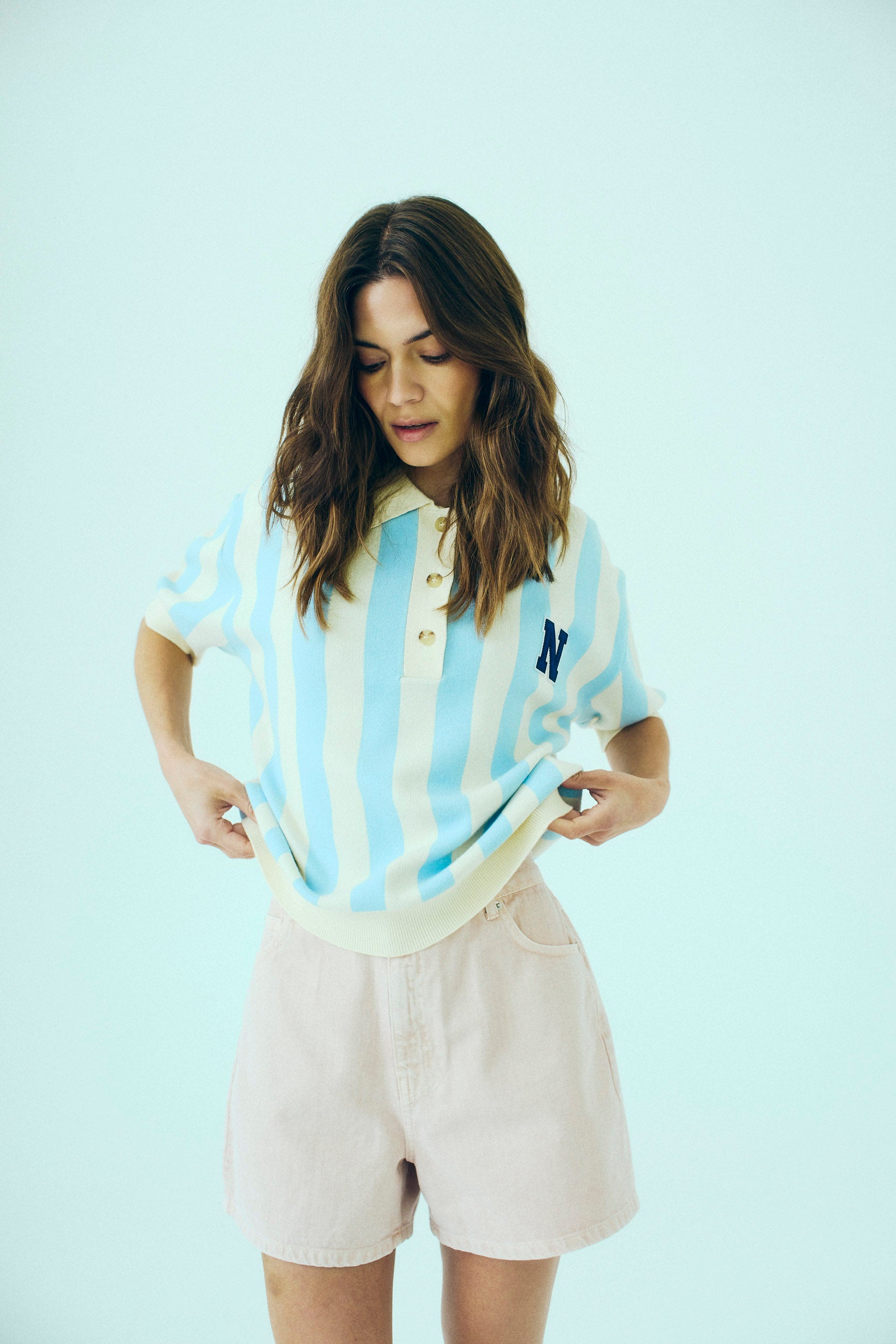 NORR Varsity knit polo Strik Light blue stripe