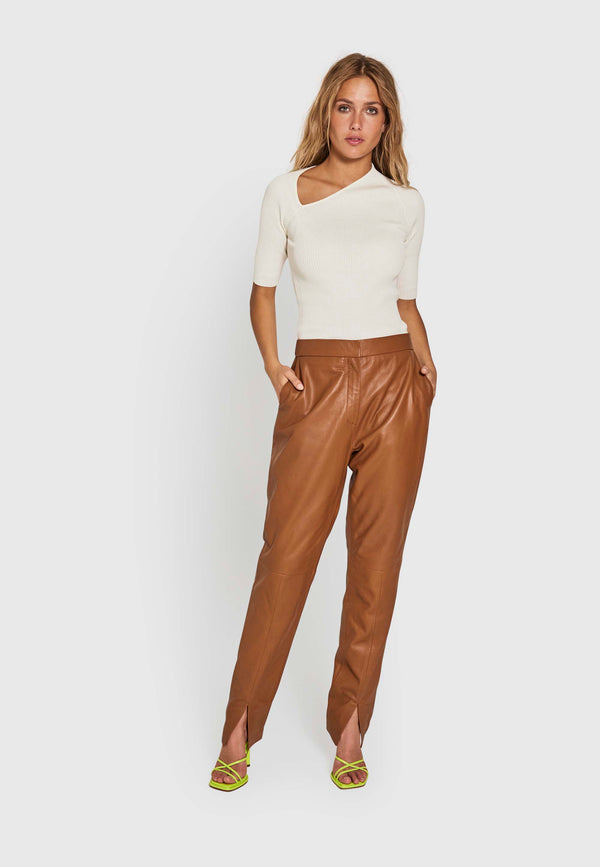 Vera slim leather pants - cambridge brown - kollektionsprøve