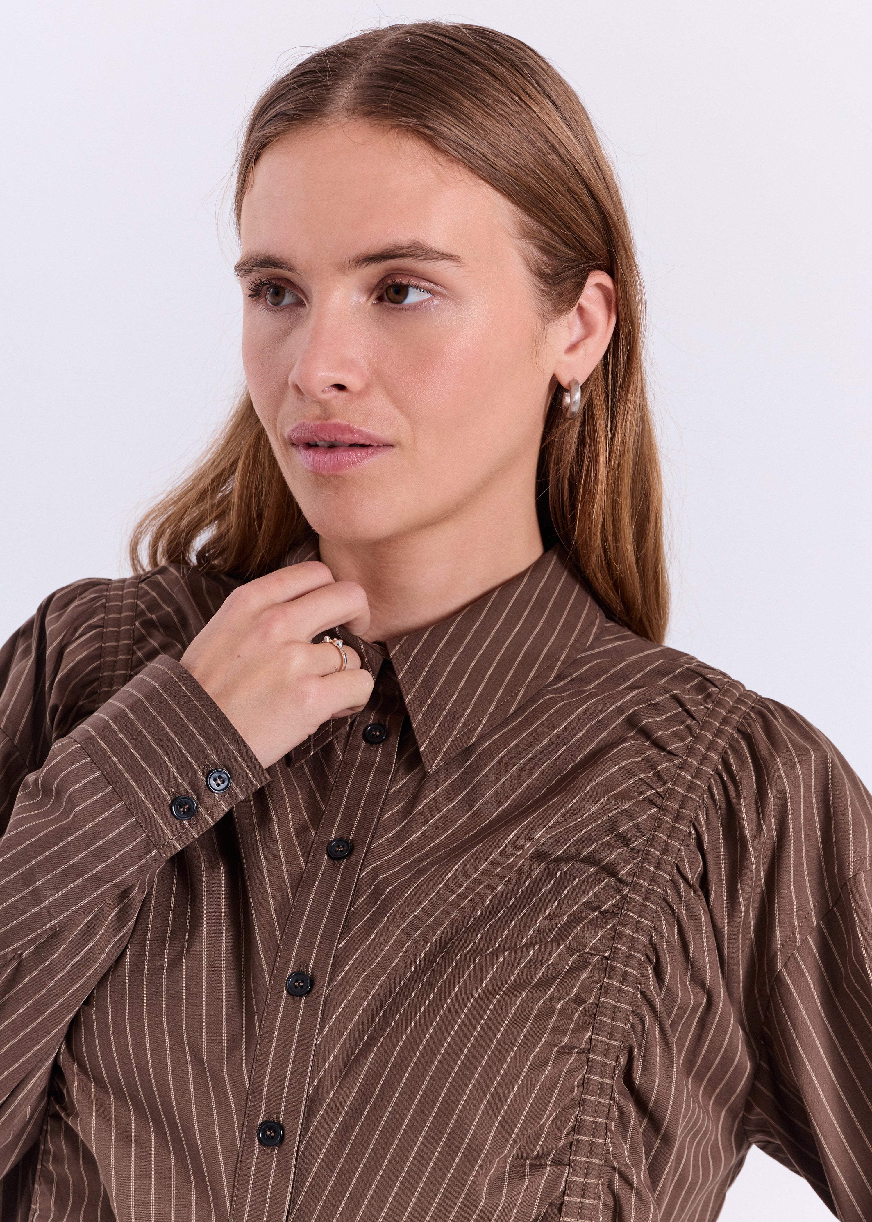 NORR Augusta ruching shirt Skjorter Dark Brown with Stripes