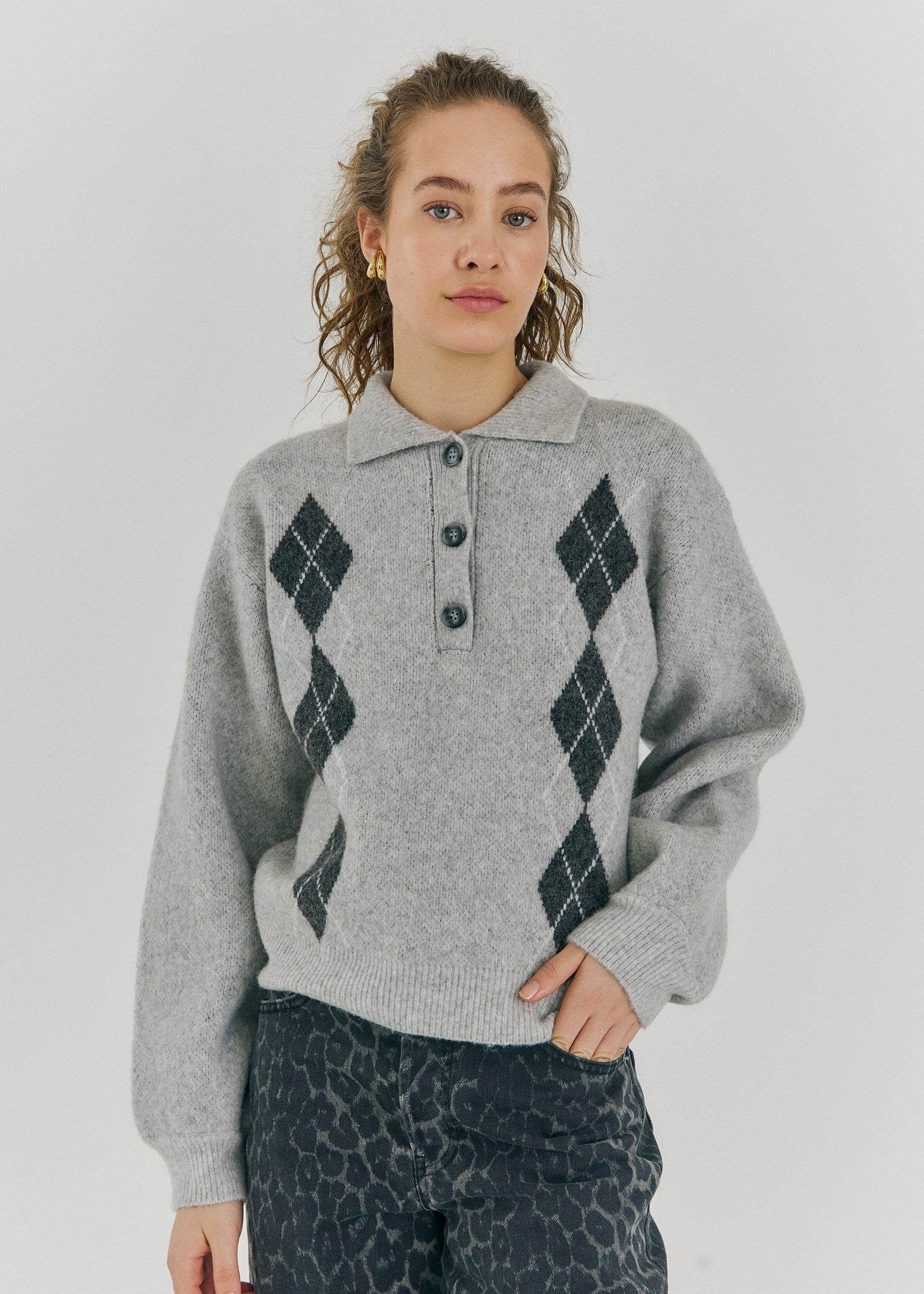 NORR Breela polo knit top Knits Light grey melange