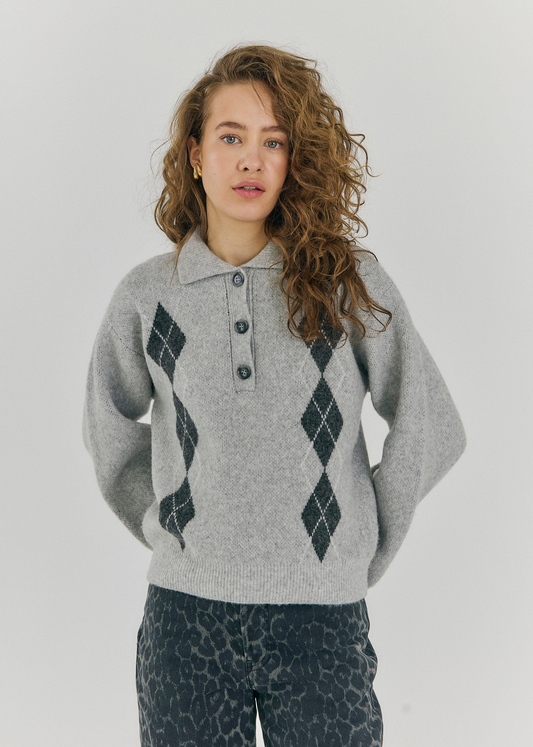 NORR Breela polo knit top Knits Light grey melange
