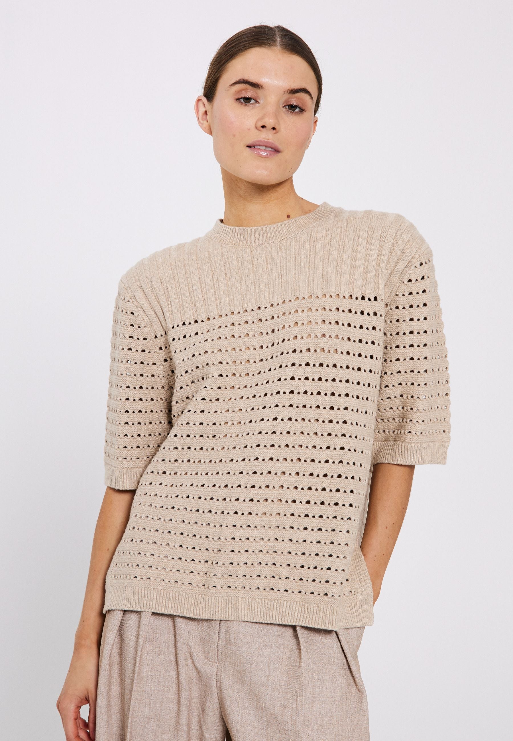 NORR Crome knit tee T-shirts Beige mélange