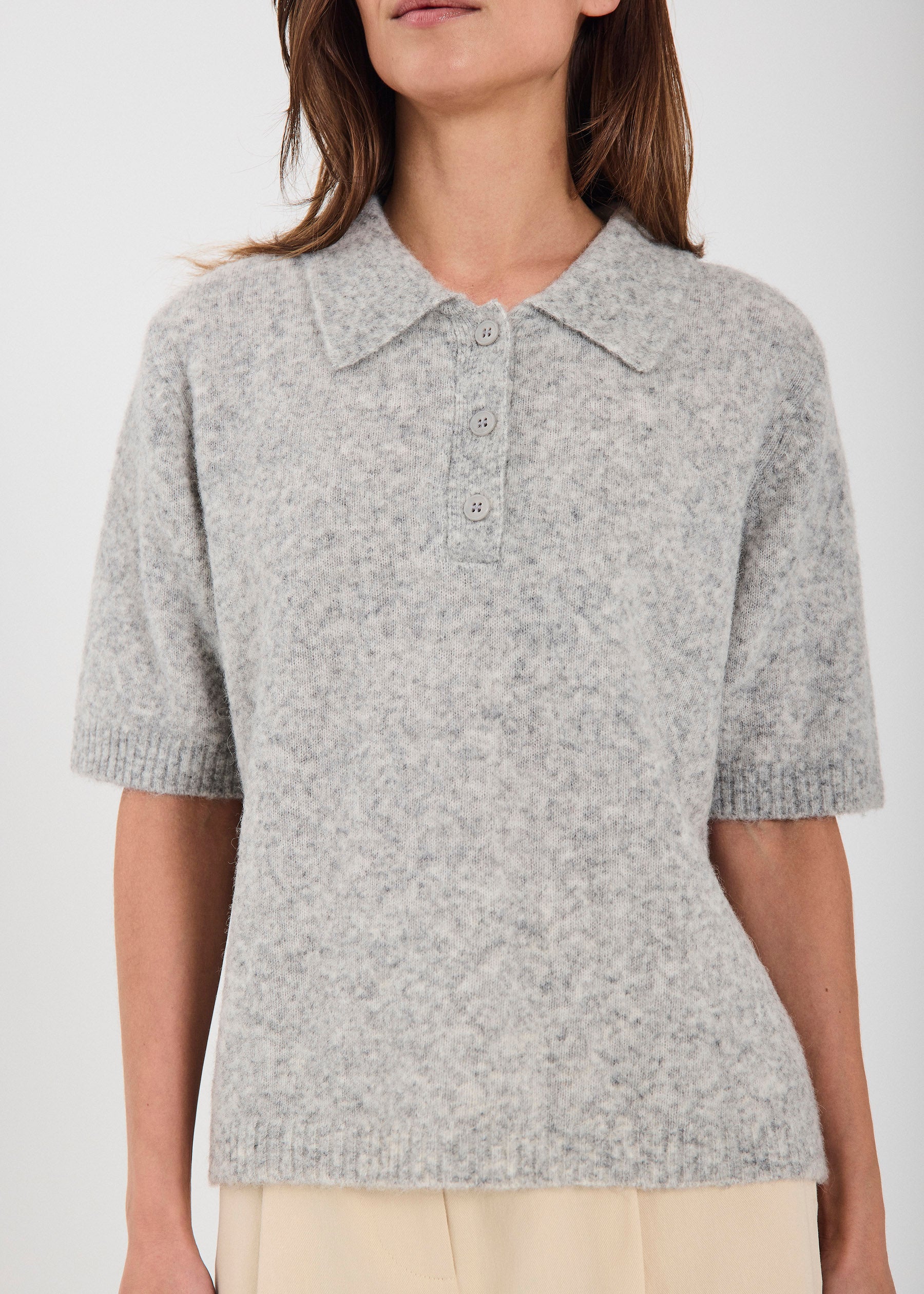 NORR Halli SS polo knit top Strik Light grey melange