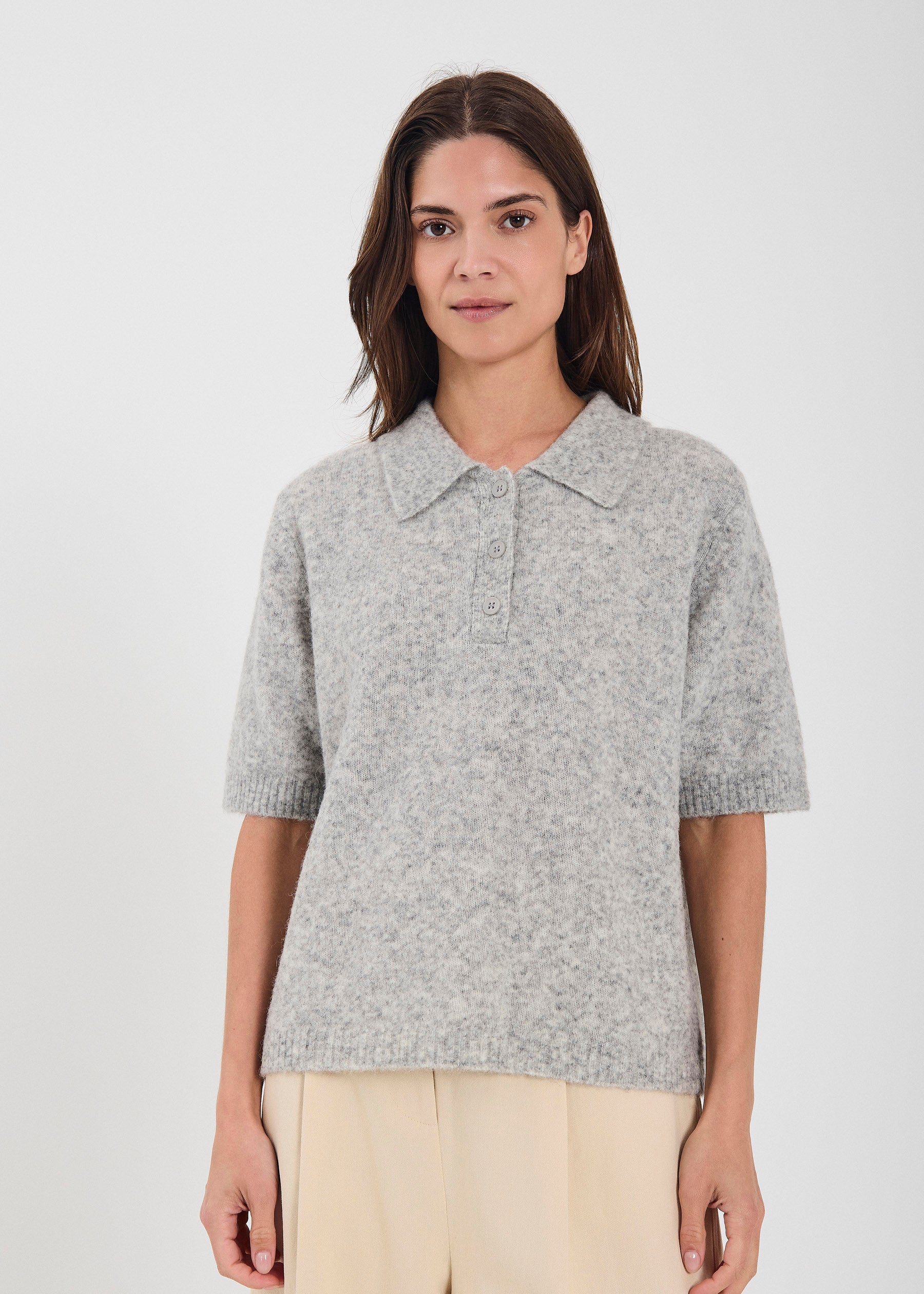 NORR Halli SS polo knit top Strik Light grey melange