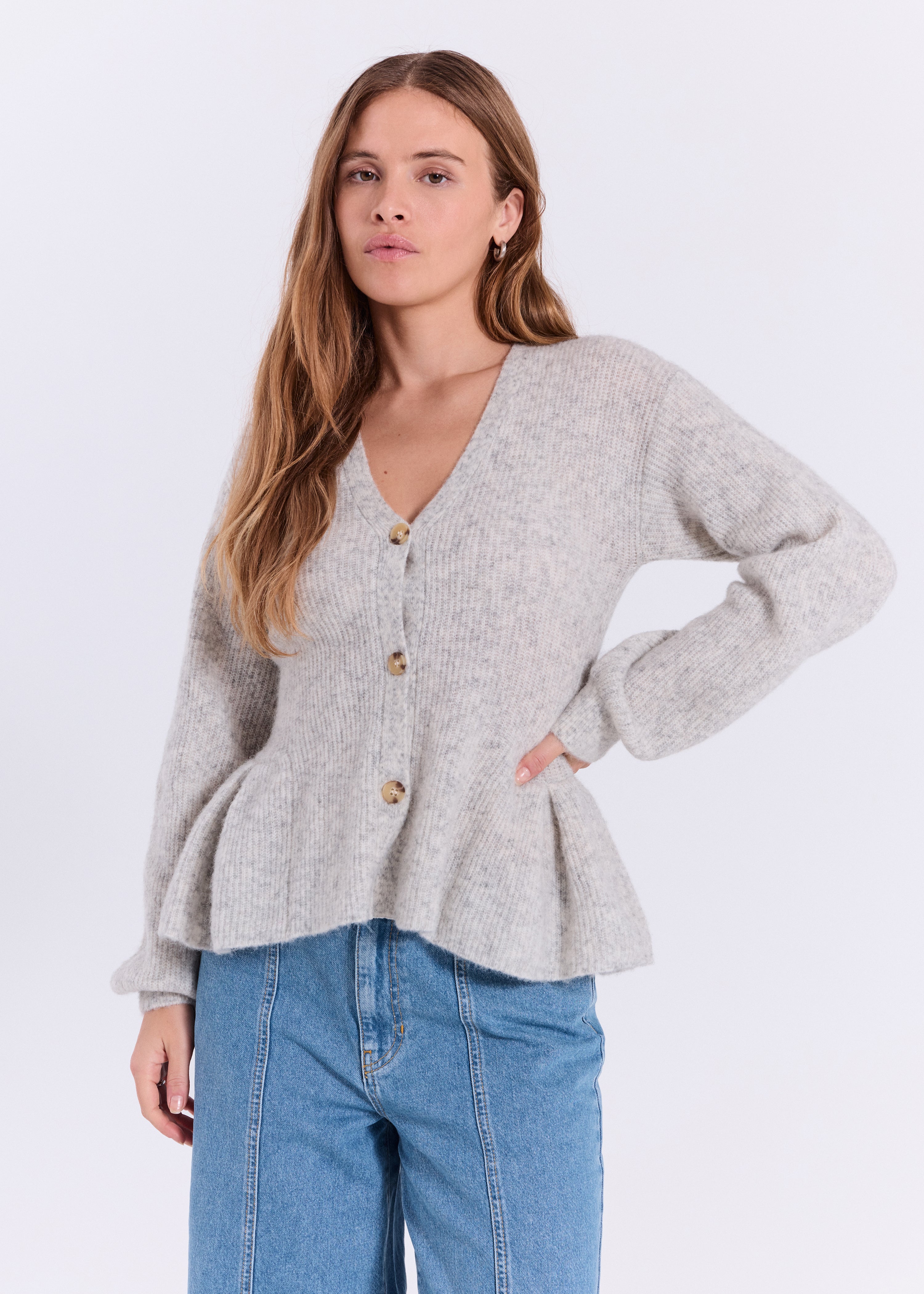 NORR Halli peplum knit cardigan Strik Light grey melange