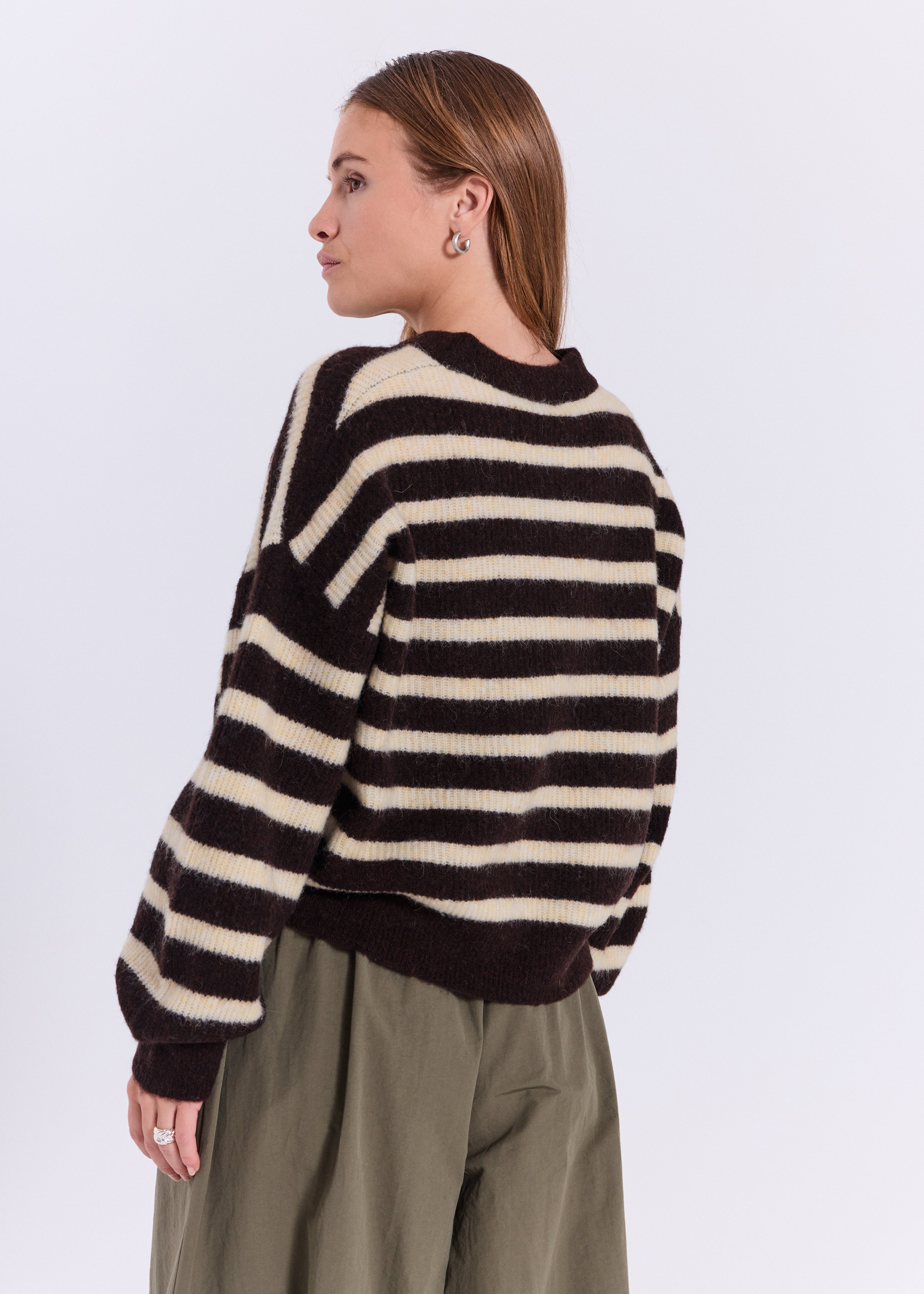 NORR Halli stripe o-neck knit top Strik Brown with yellow stripe