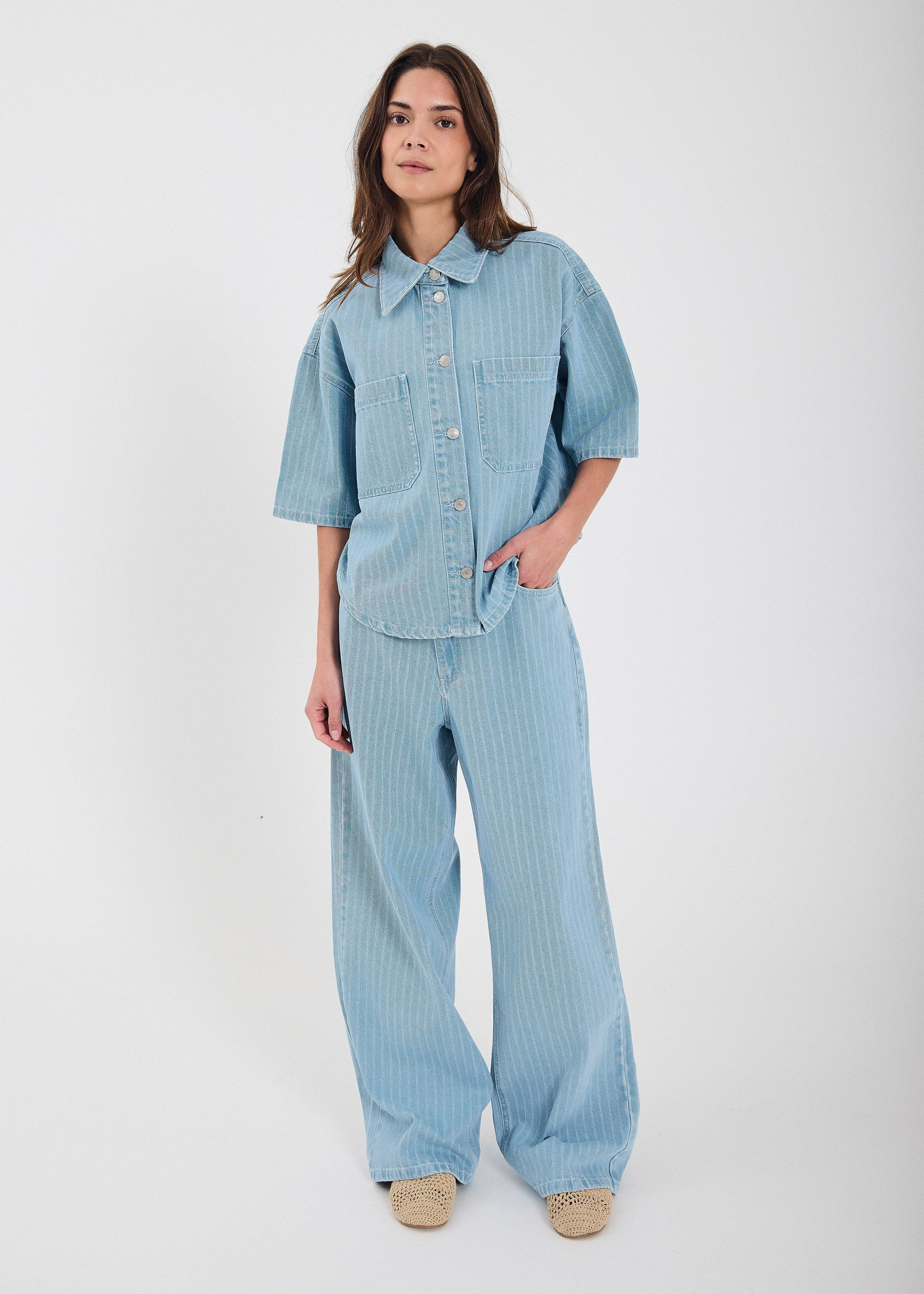 NORR Hannali wide jeans Bukser Light blue stripe