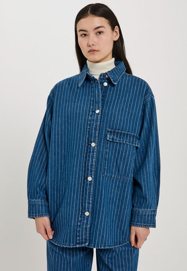 NORR Kenzie oversized denim shirt Shirts Clear blue w. stripes