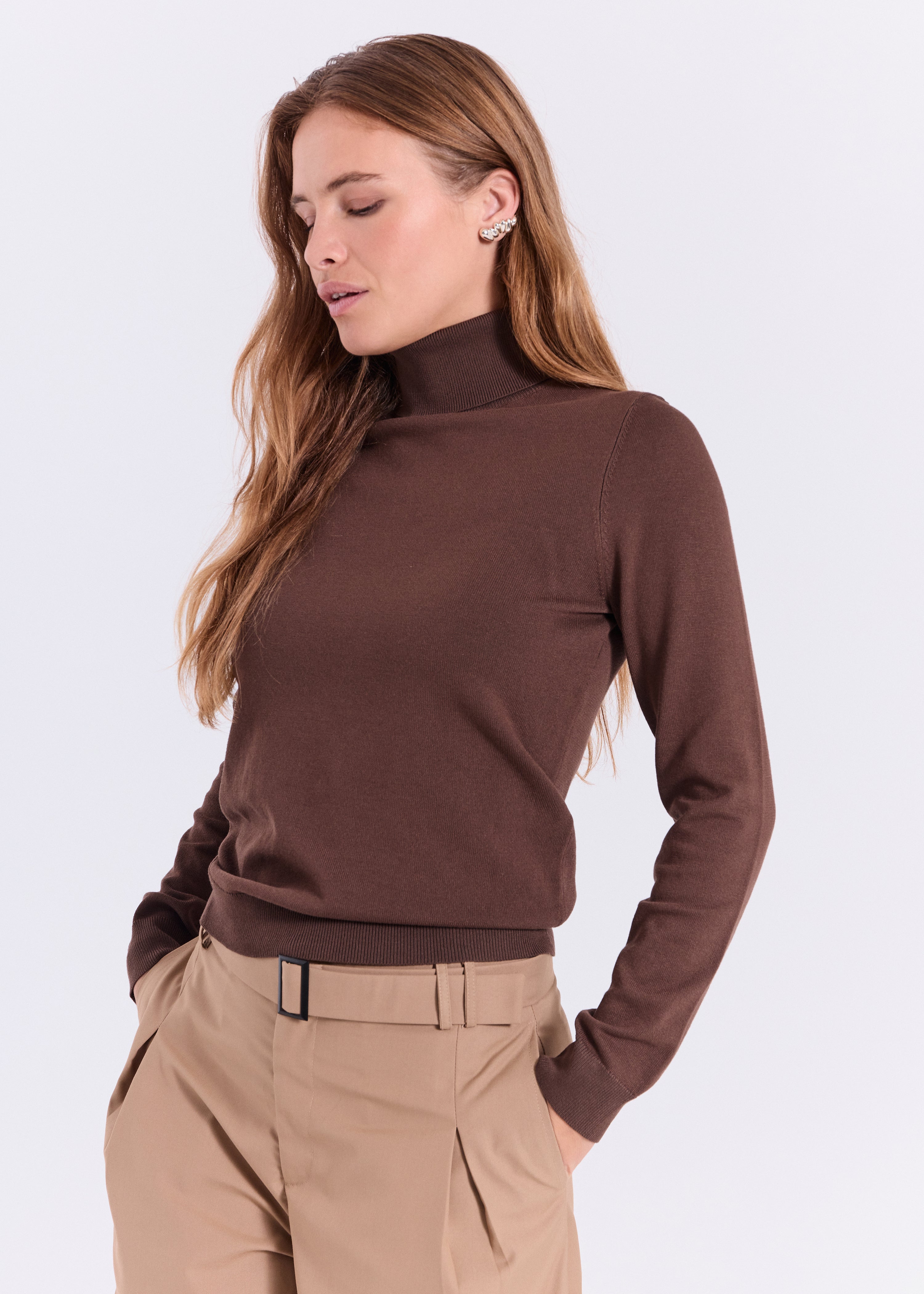 NORR Lena roll neck knit top Strik Dark Brown