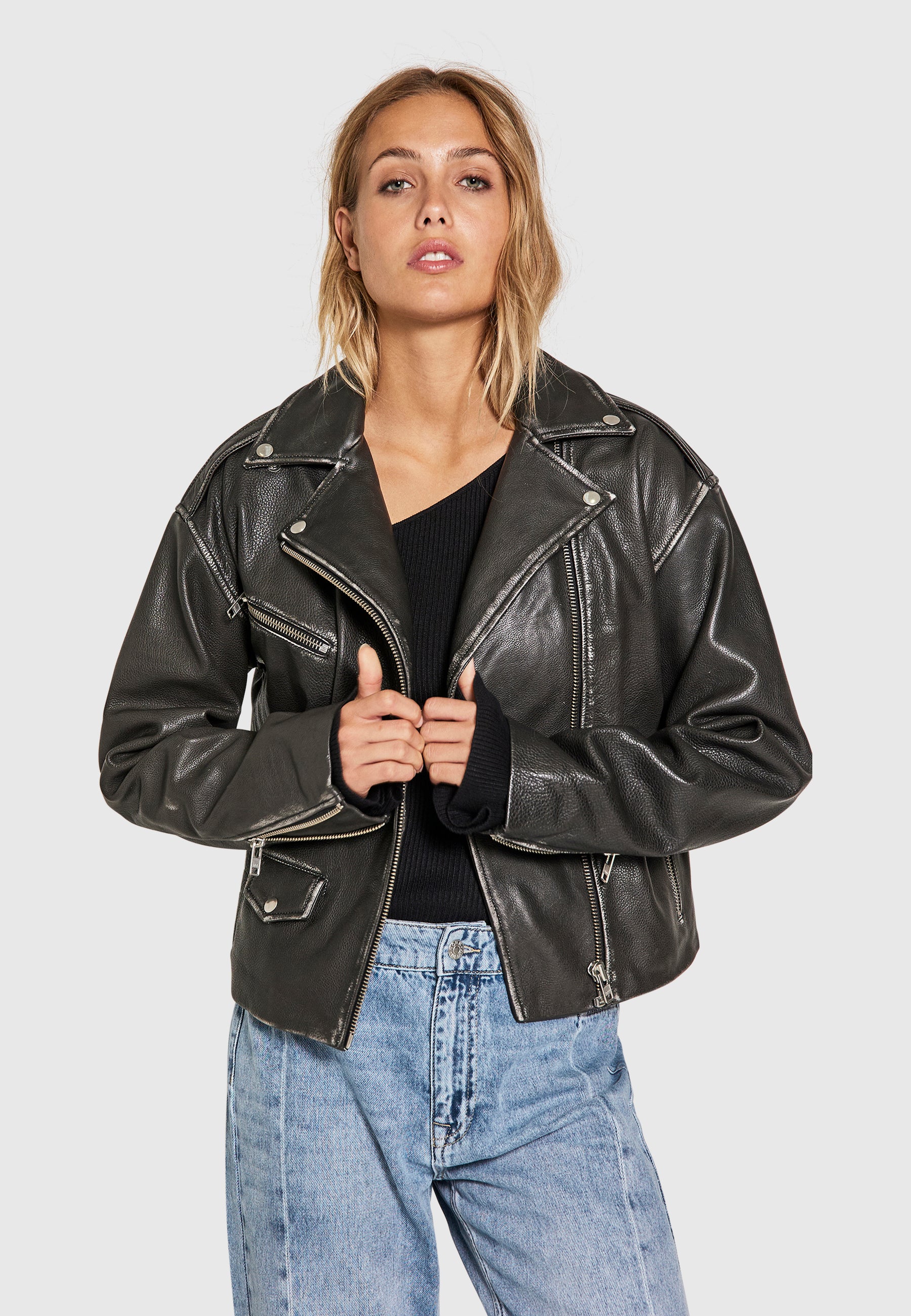 NORR Sabi leather jacket Jackets Black washed