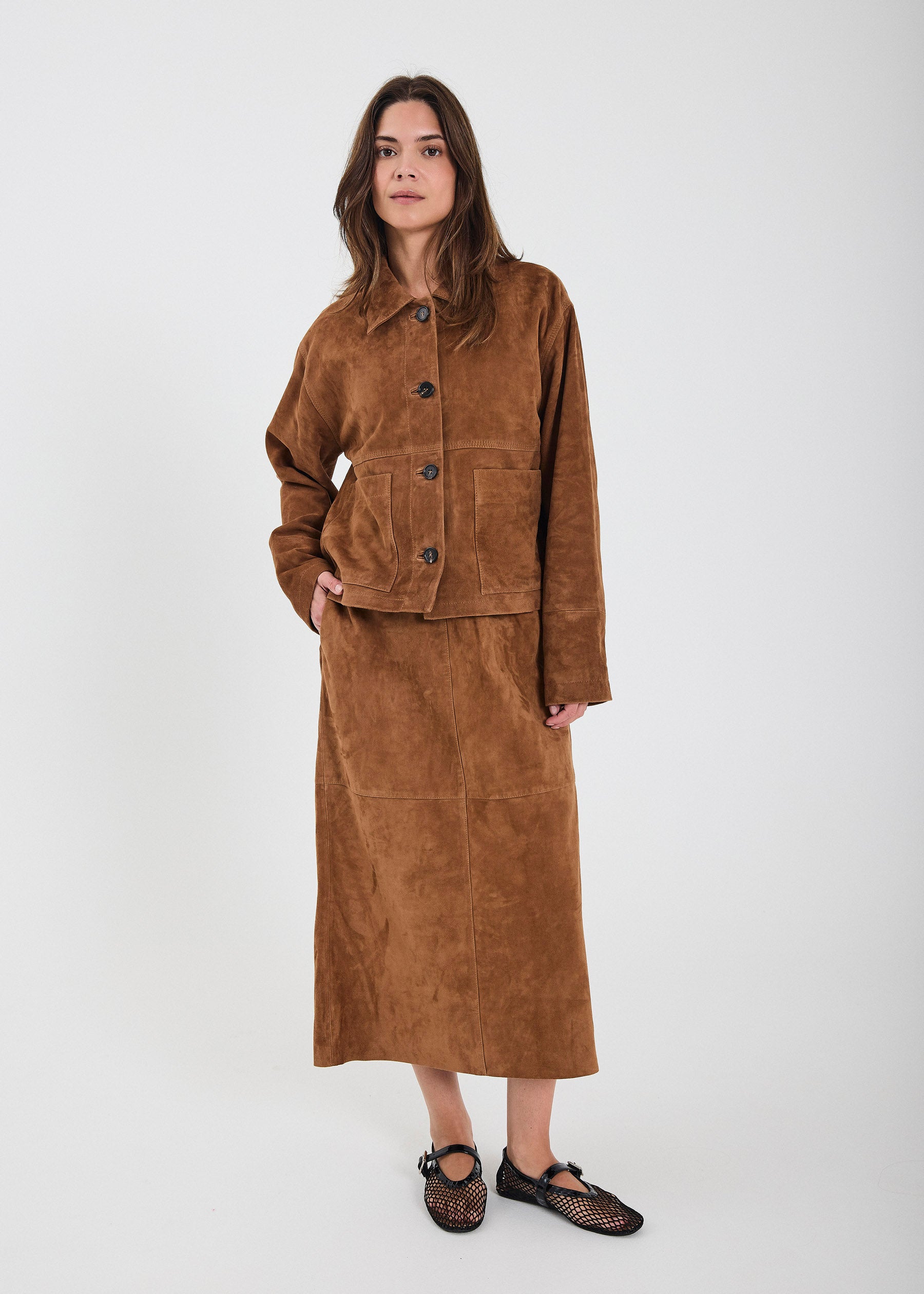 NORR Shelby midi suede skirt Nederdele Cognac