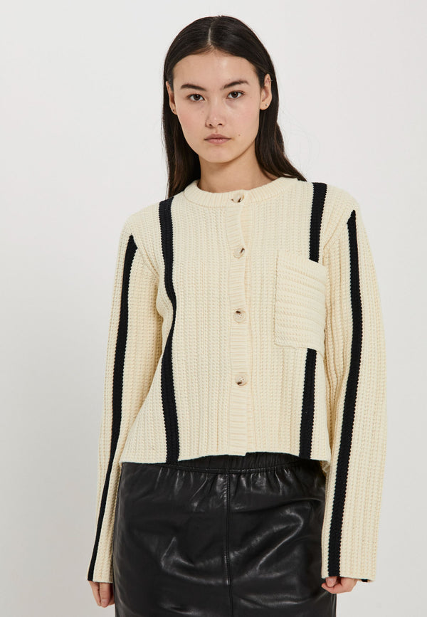 NORR Stilla blocking knit cardigan Cardigans Off-white w. black detail