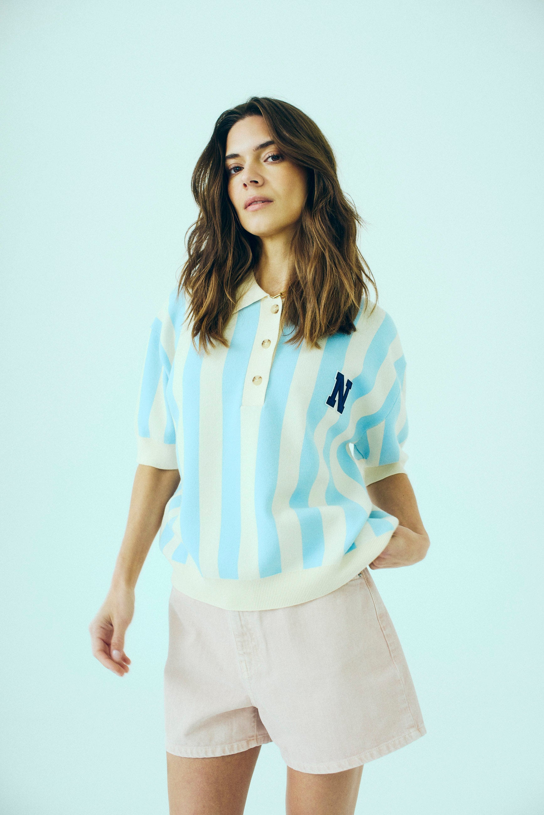 NORR Varsity knit polo Strik Light blue stripe