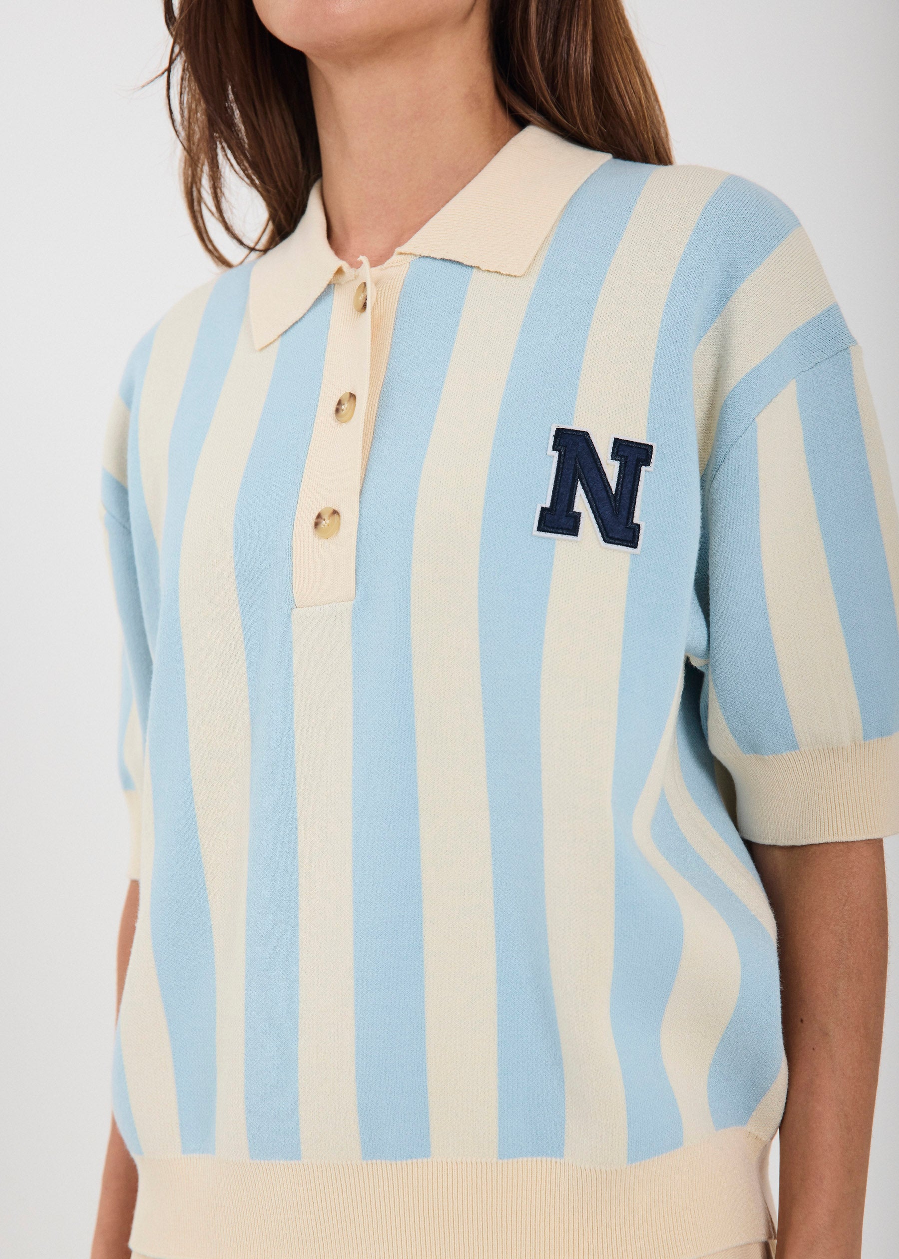 NORR Varsity knit polo Strik Light blue stripe