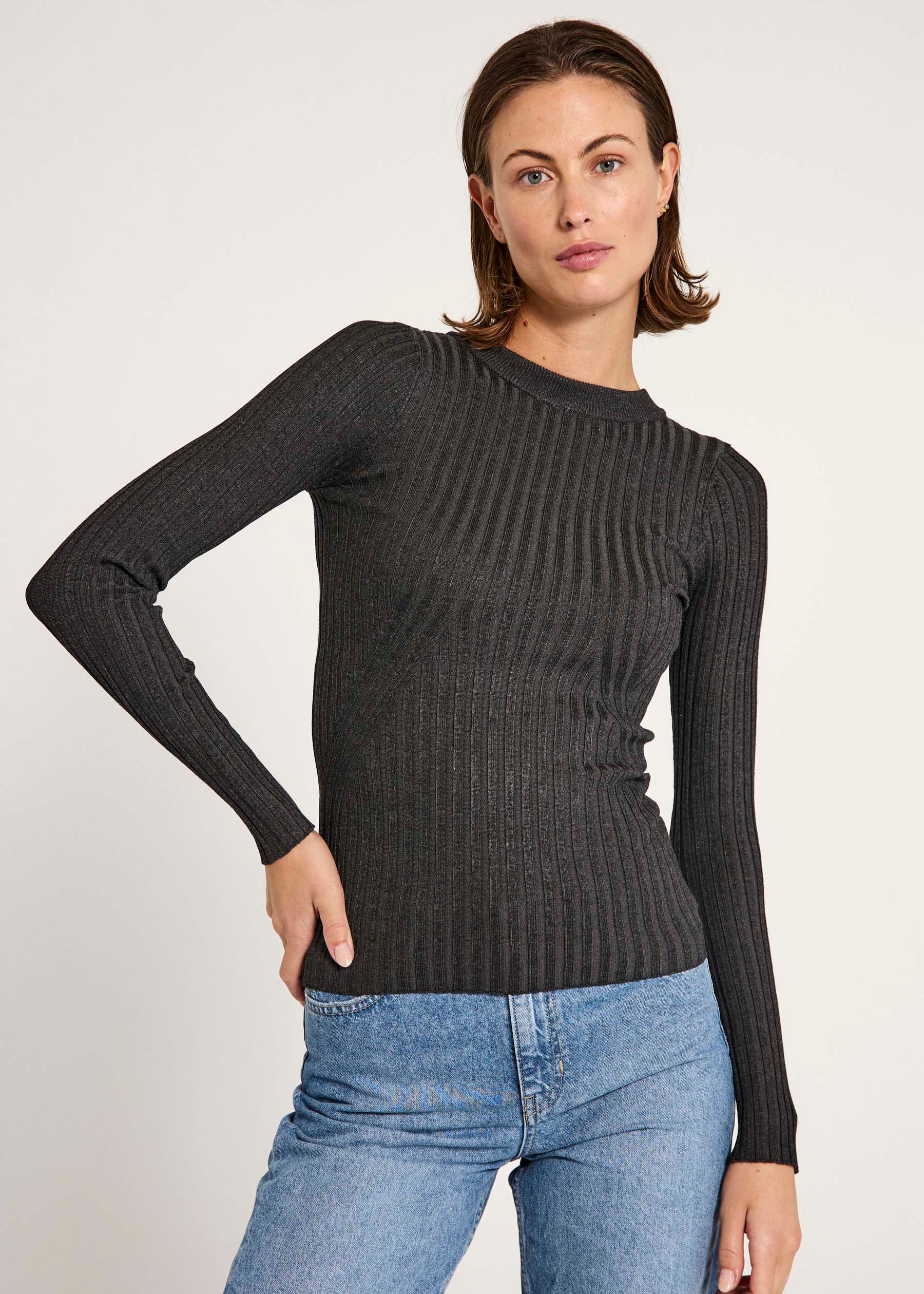 NORR Karlina o-neck LS top Tops Dark grey melange